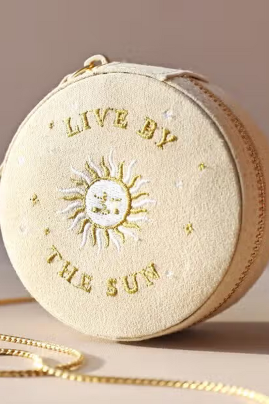 Sun and Moon Embroidered Round Jewellery Case in Beige