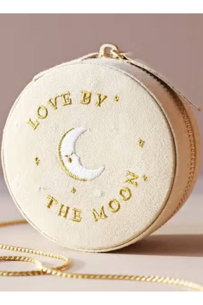 Sun and Moon Embroidered Round Jewellery Case in Beige