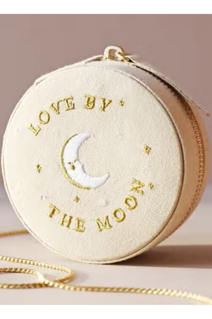 Sun and Moon Embroidered Round Jewellery Case in Beige