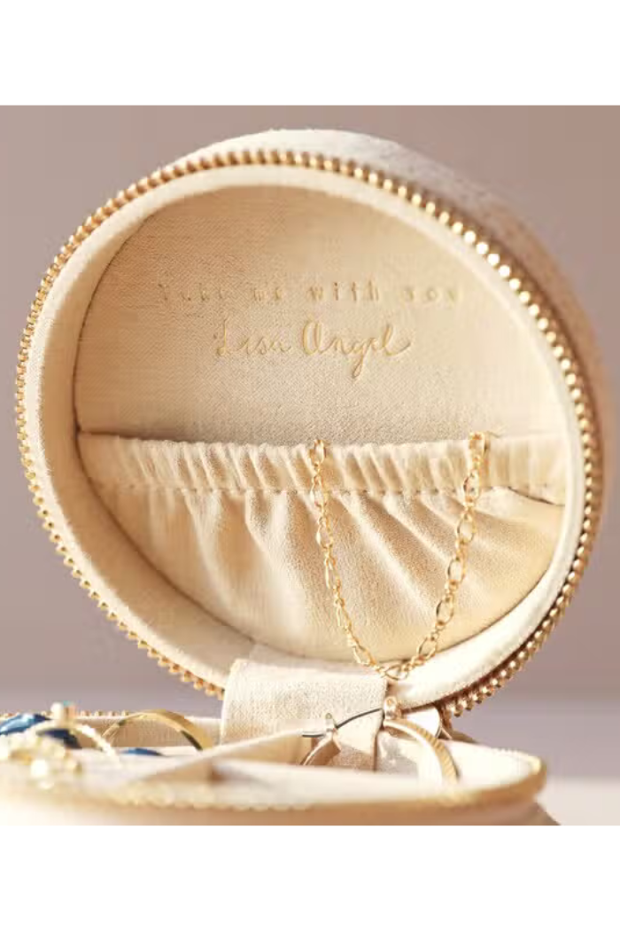Sun and Moon Embroidered Round Jewellery Case in Beige