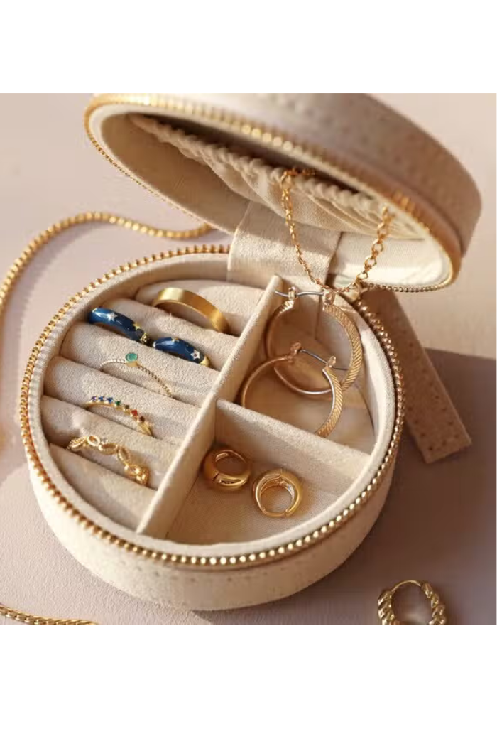 Sun and Moon Embroidered Round Jewellery Case in Beige