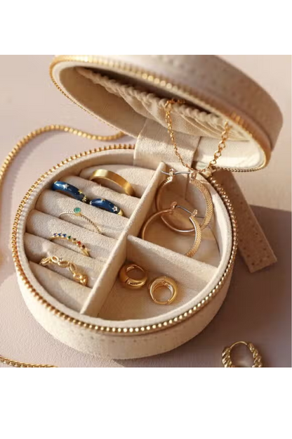 Sun and Moon Embroidered Round Jewellery Case in Beige