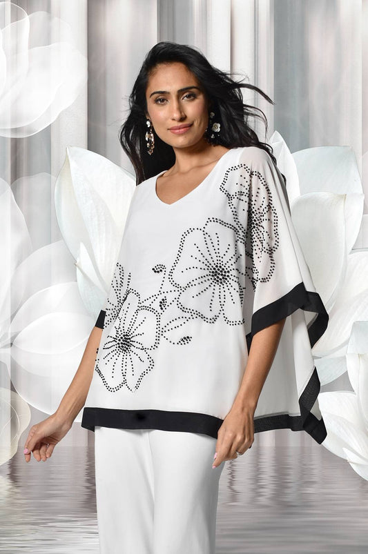 White/Black Woven Top with beaded flowers