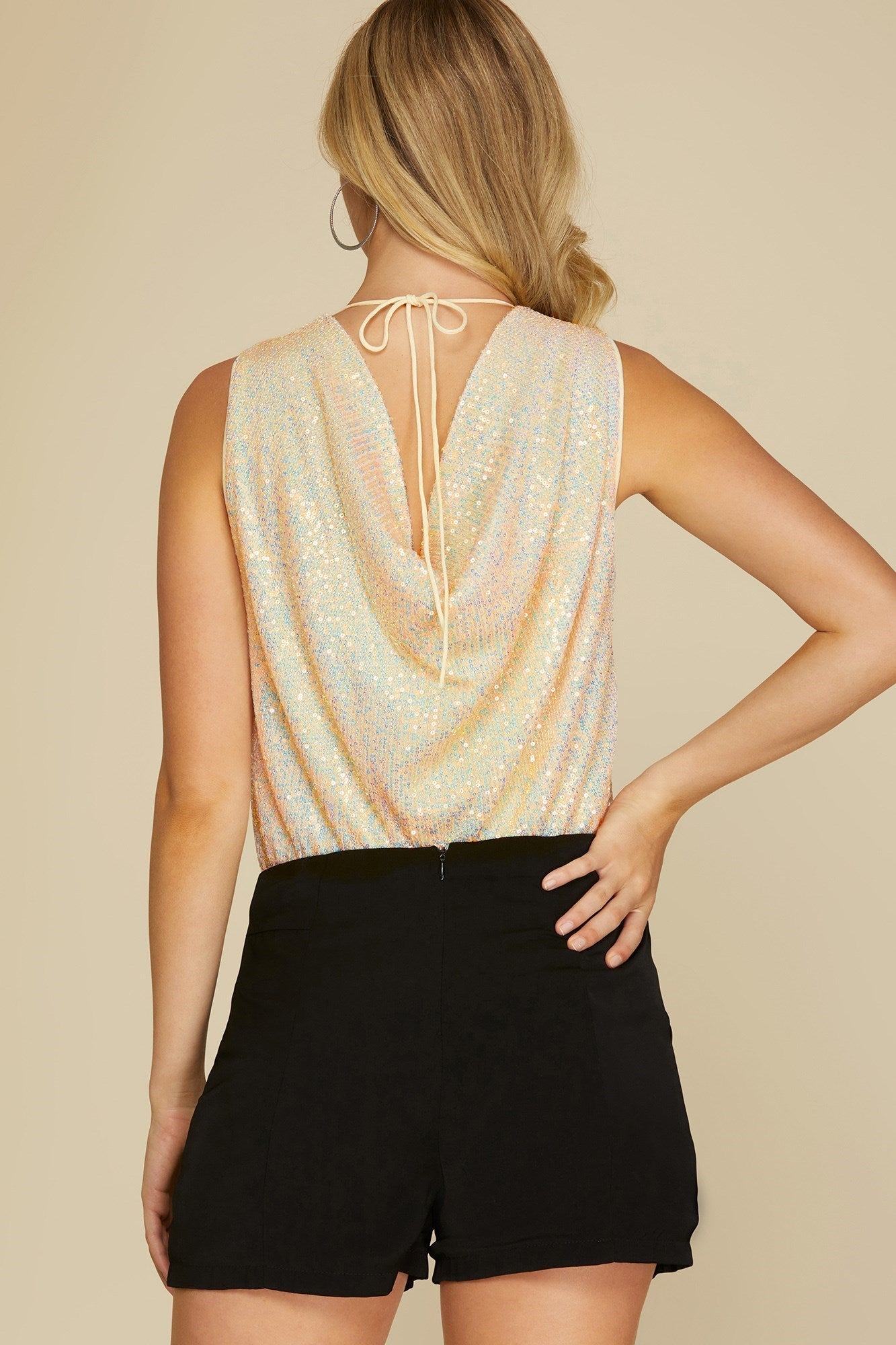 Sleeveless-Sequin Bodysuit with Back Cowl neck detail