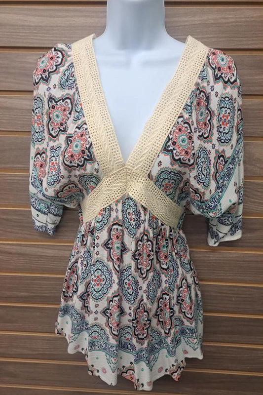 Open Back Linen Lace Paisley Ss Top