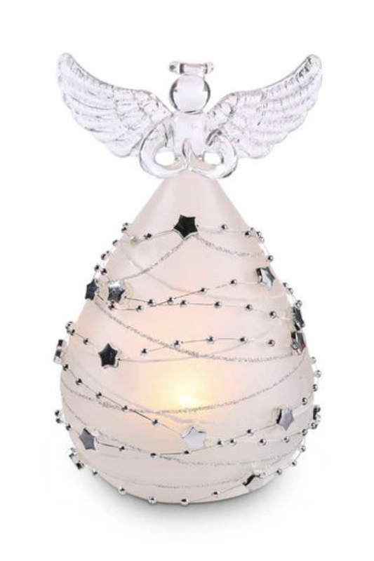 6 Inch Frosted Glass LED Angel w/Silver Star Garland