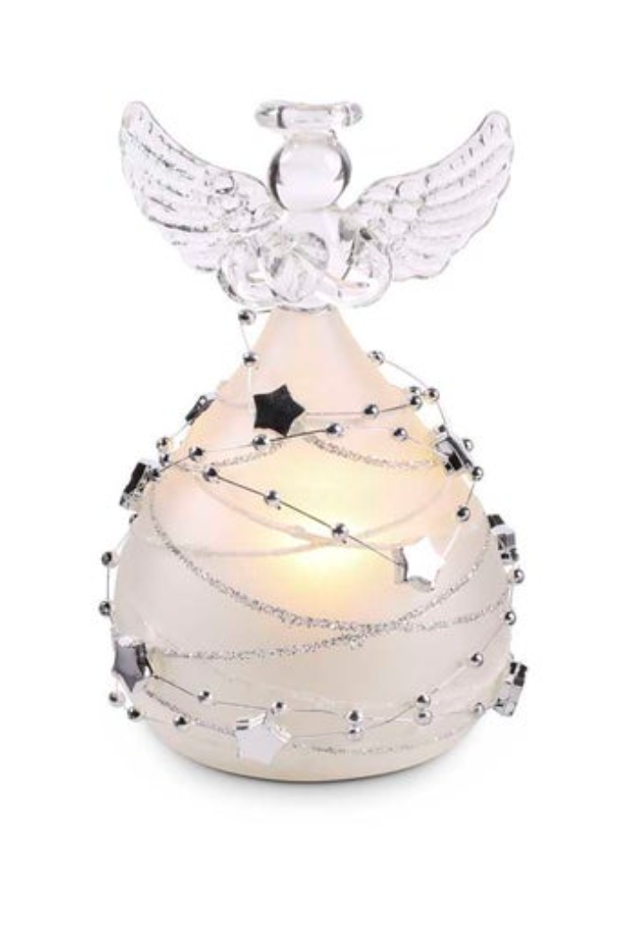 4.25 Inch Frosted Glass LED Angel w/Silver Star Garland