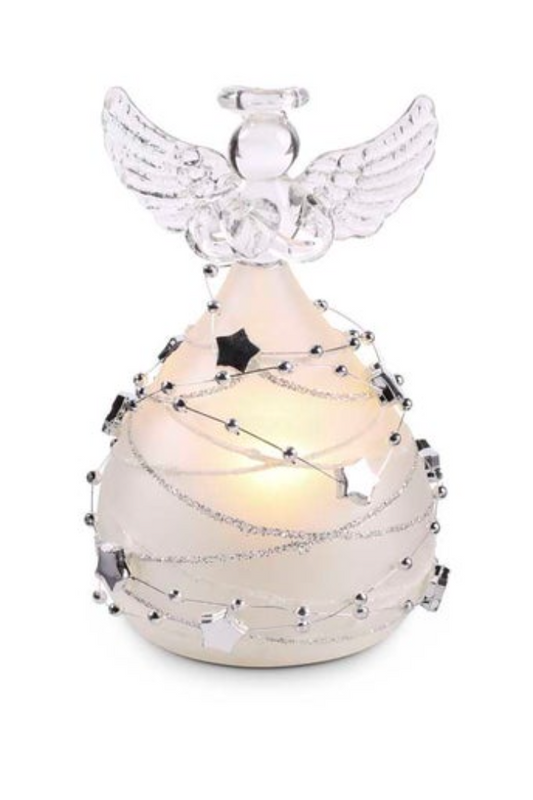 4.25 Inch Frosted Glass LED Angel w/Silver Star Garland