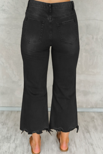 TRENDING BLACK DISTRESSED HIGH WAISTED CROPPED FLARE JEANS