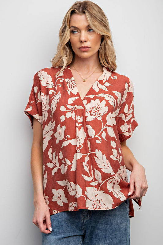 TROPICAL PRINTED COTTON VOILE WOVEN TOP