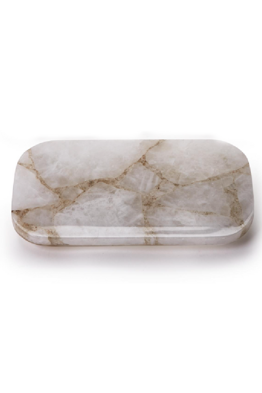 WHITE QUARTZ ROUND EDGE W SILVER FEET 12" W x 7" D x 1" H,