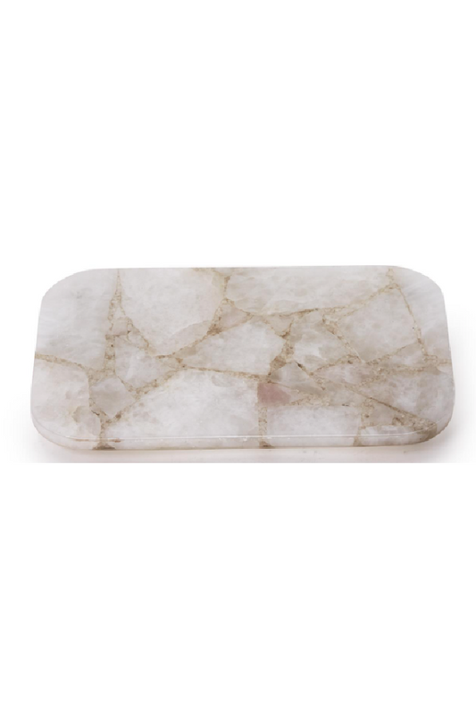 WHITE QUARTZ ROUND EDGE W SILVER FEET. 14" W x 9" D x 1" H