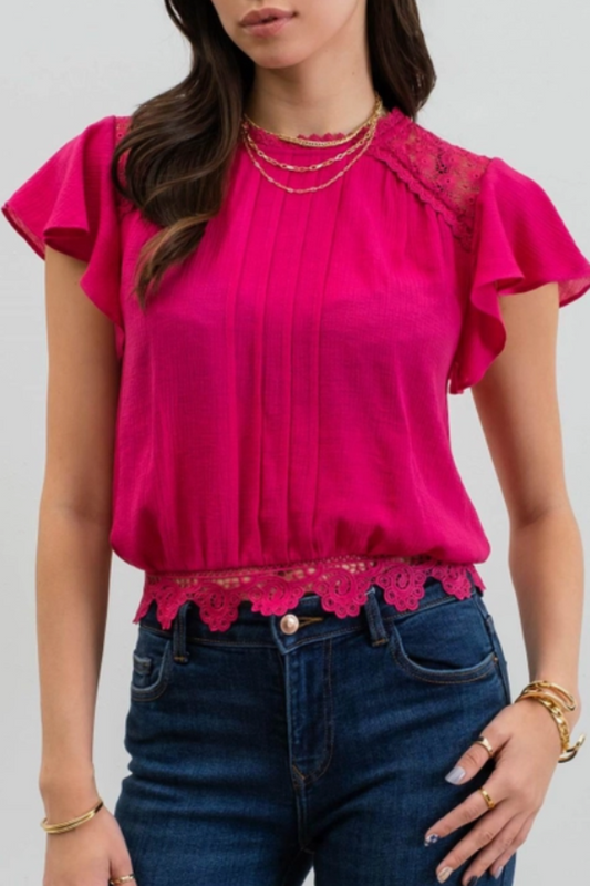 Solid Ruffle Sleeve Back Tie Lace Trim Top