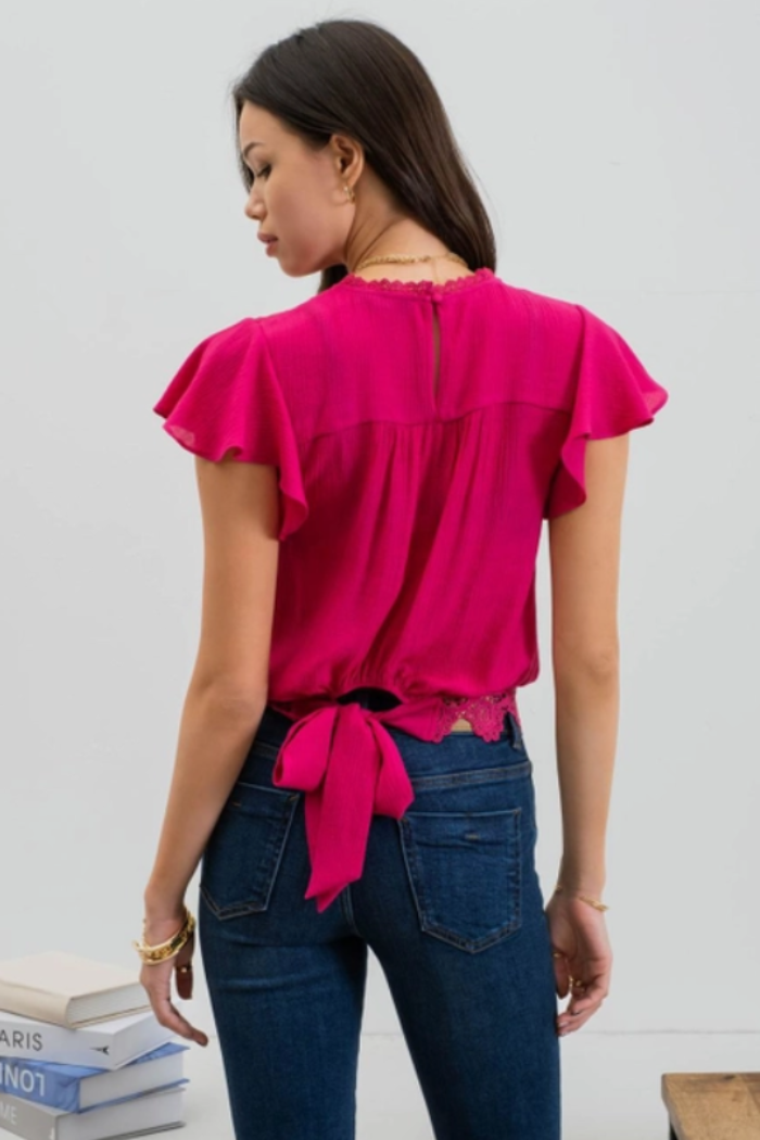 Solid Ruffle Sleeve Back Tie Lace Trim Top