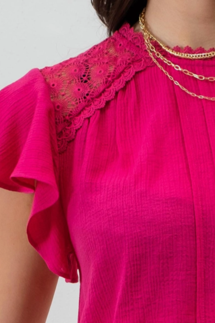 Solid Ruffle Sleeve Back Tie Lace Trim Top