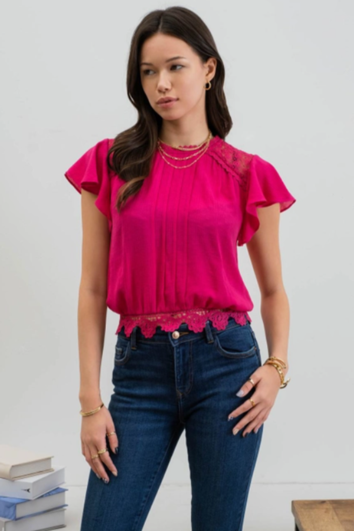Solid Ruffle Sleeve Back Tie Lace Trim Top