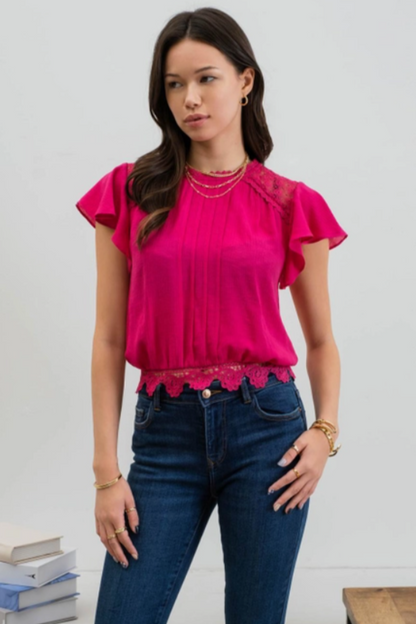 Solid Ruffle Sleeve Back Tie Lace Trim Top