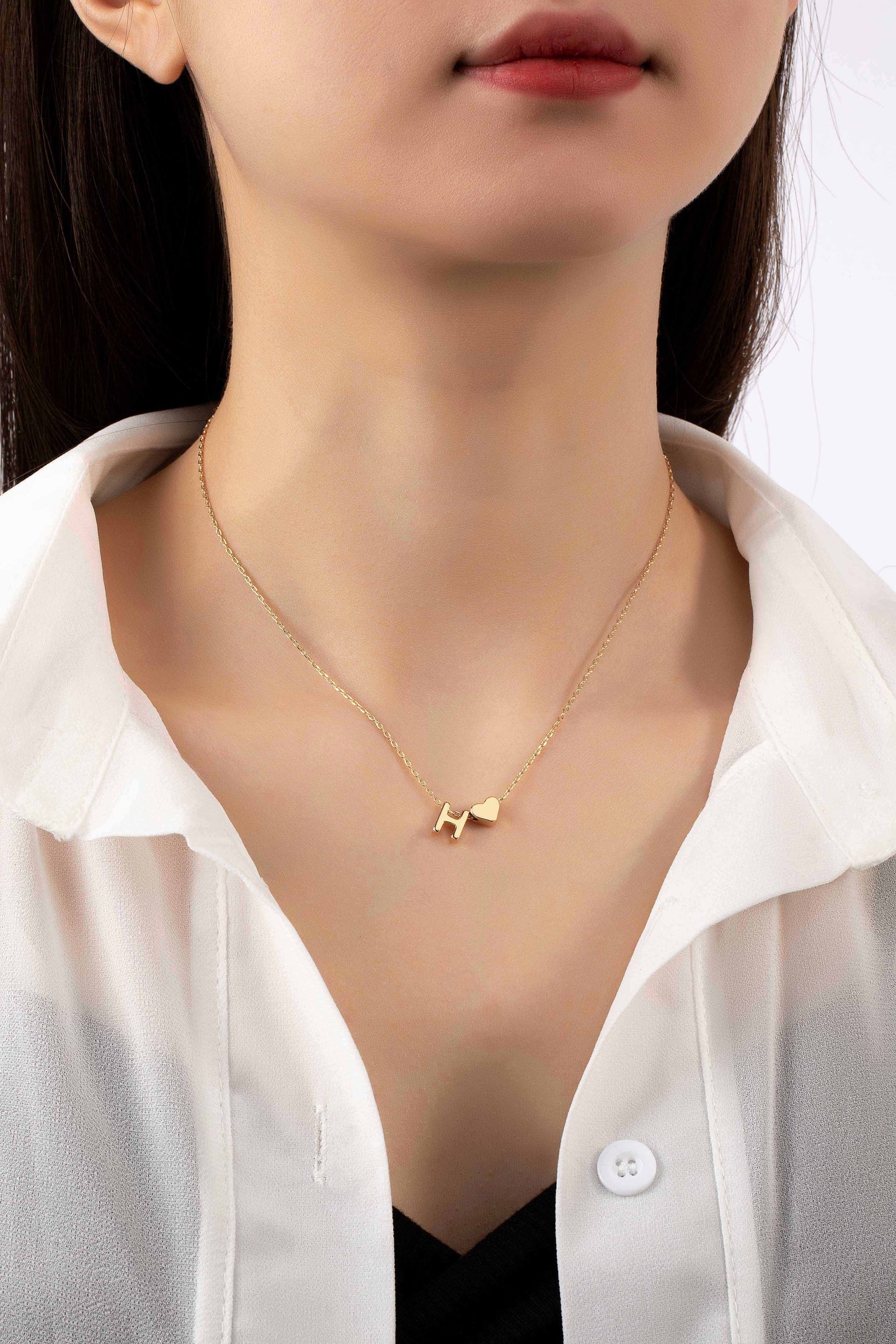 Brass Mini Initial with Heart Charm Necklace
