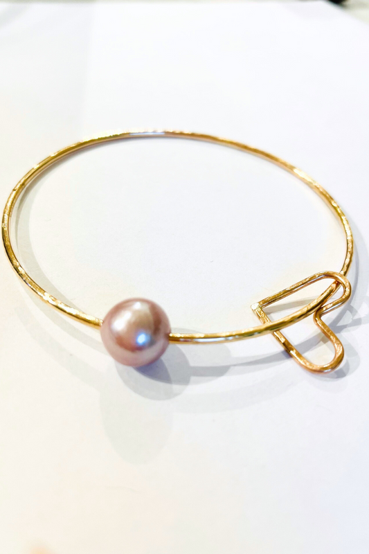 14K Gold-filled Edison Pearl Bangle w/ Heart