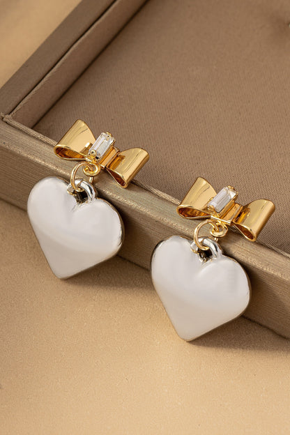Two tone puffy heart and bow drop earrings