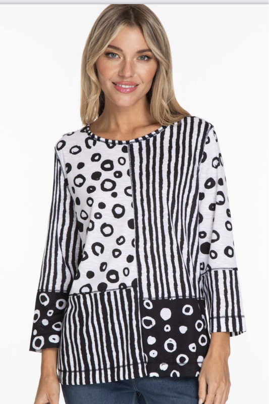 3/4 sleeve scoop neck multi panel top