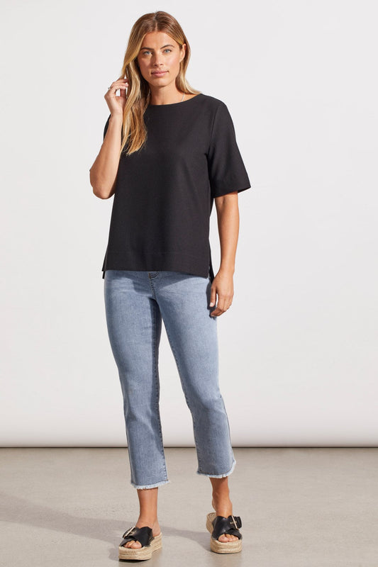 Boat Neck Top With Elbow Sleeve - Black