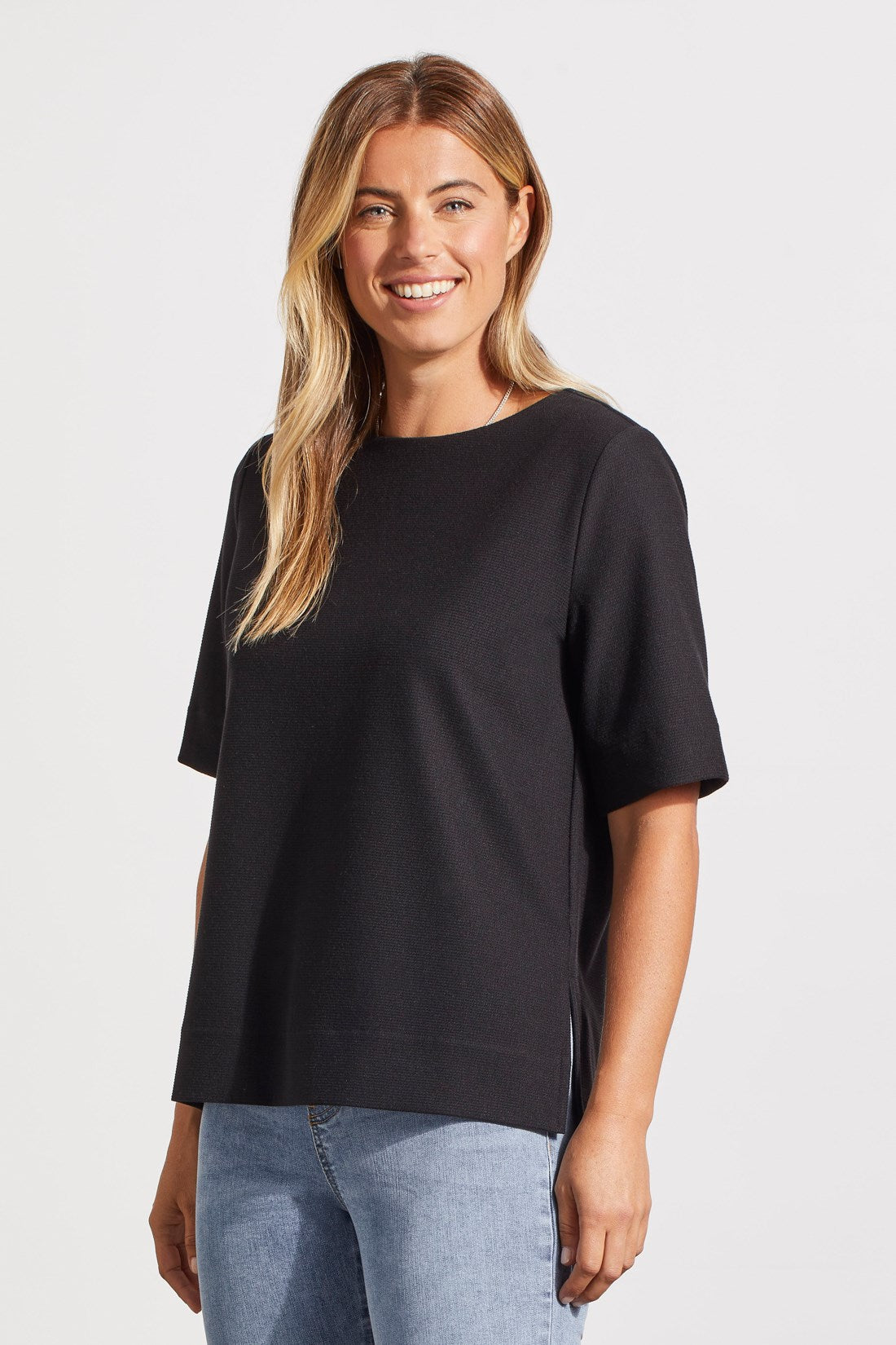 Boat Neck Top With Elbow Sleeve - Black