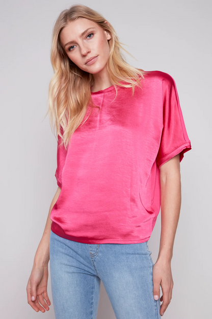 Short sleeve crew neck satin jersey knit