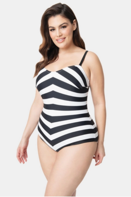 Barbie x Unique Vintage Plus Size Black & White Chevron One Piece Swimsuit