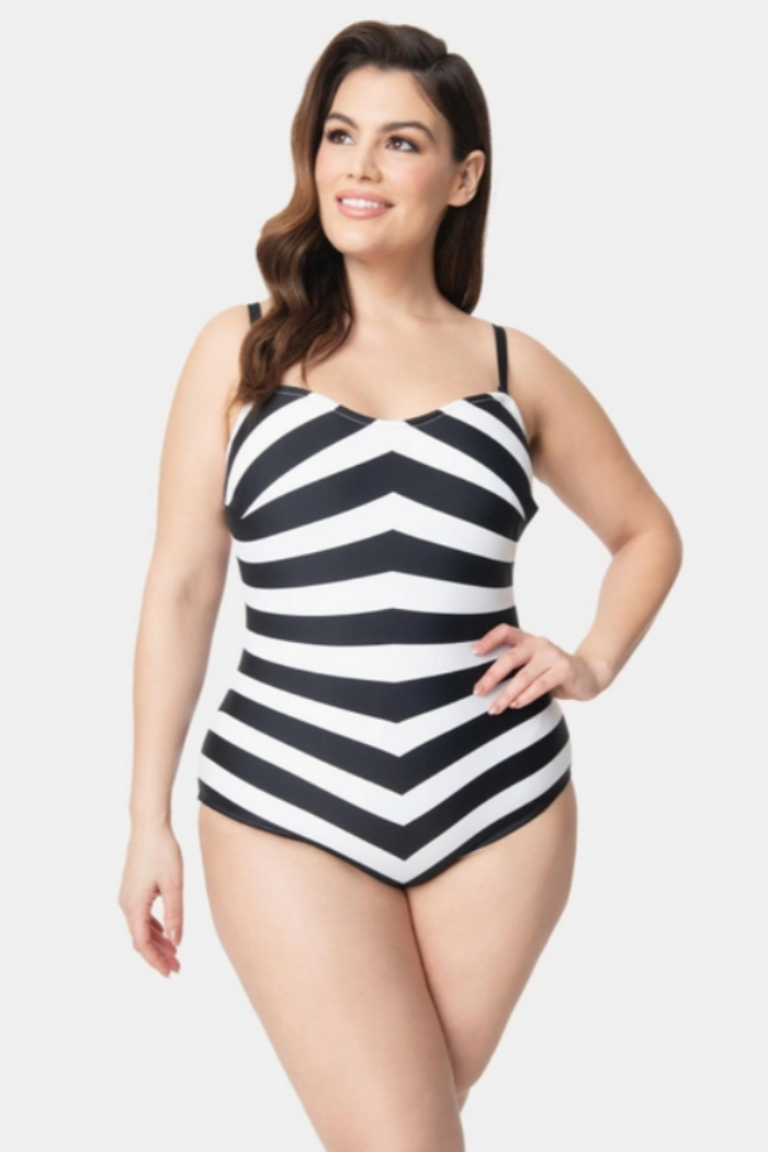 Barbie x Unique Vintage Plus Size Black & White Chevron One Piece Swimsuit