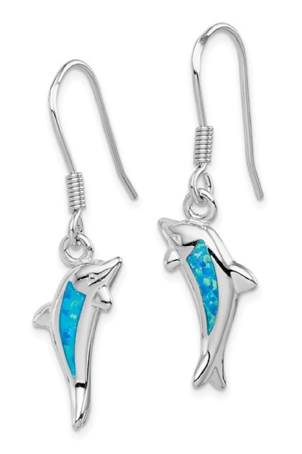 Sterling Silver Blue Opal Inlay Dolphin Dangle Earrings
