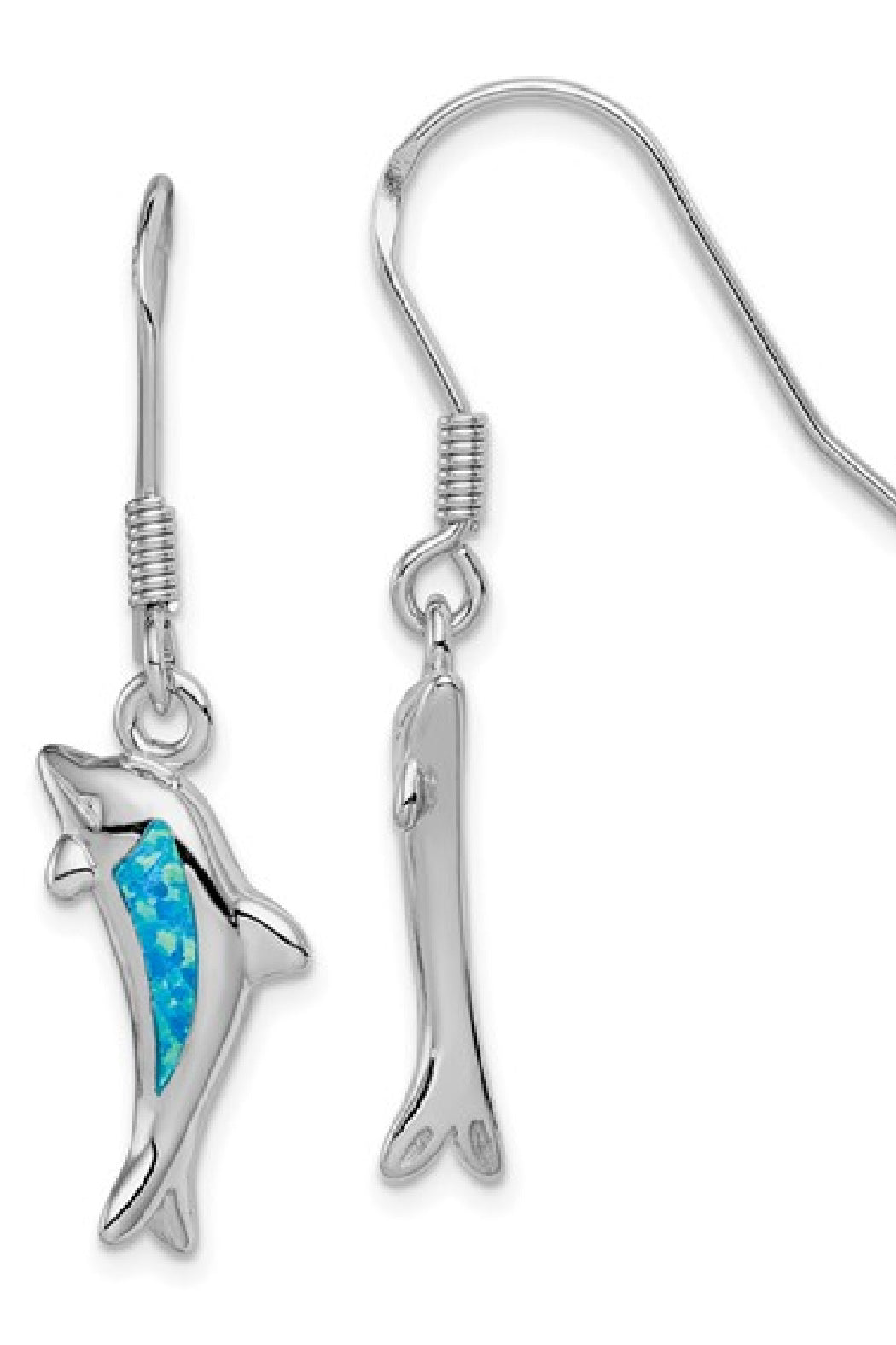 Sterling Silver Blue Opal Inlay Dolphin Dangle Earrings