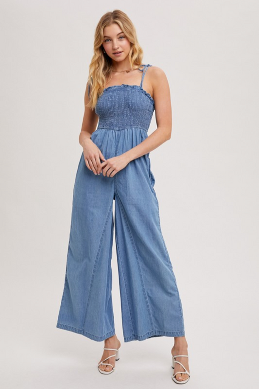 Smocked Denim Jumpsuit