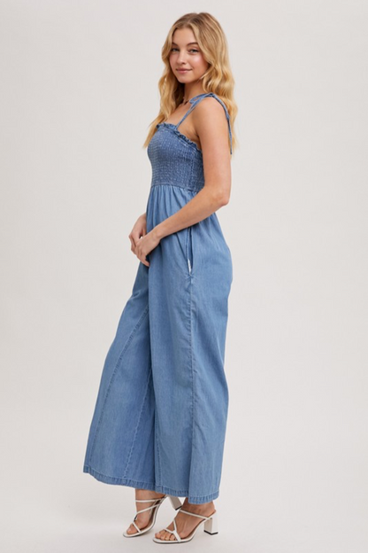 Smocked Denim Jumpsuit