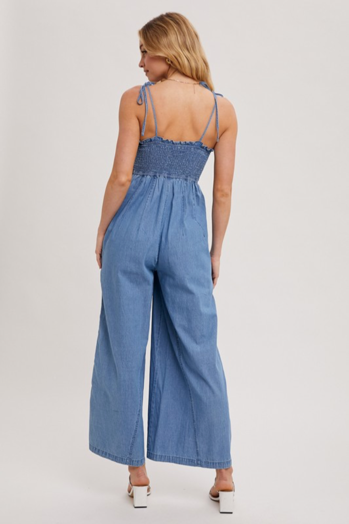 Smocked Denim Jumpsuit
