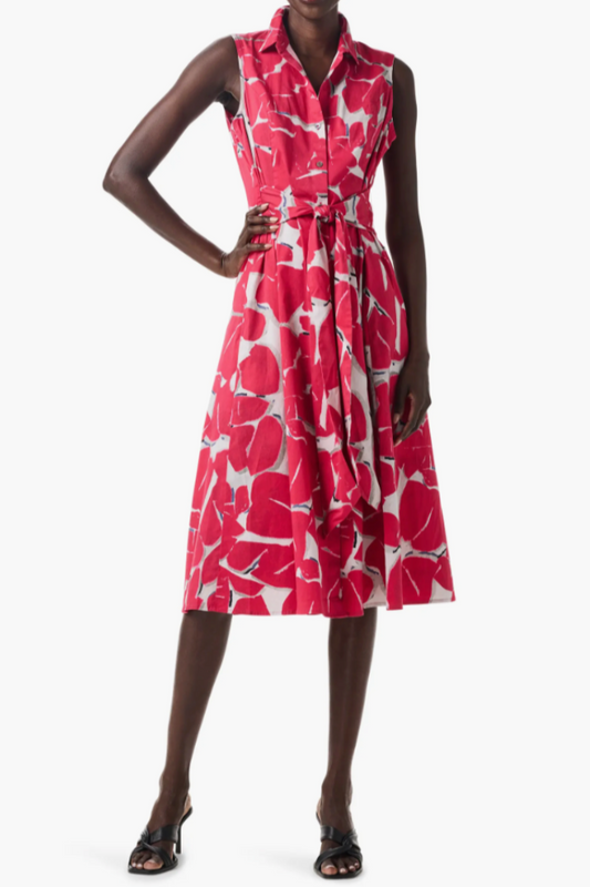 Bold Petals Sleeveless Button Up Shirt Dress - Red
