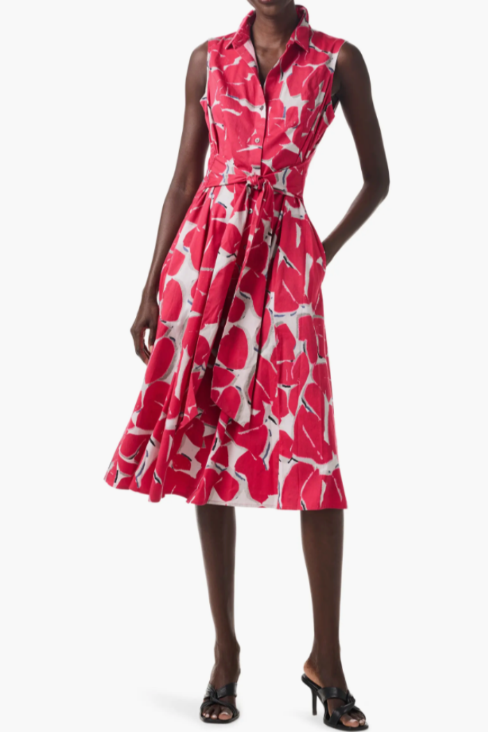 Bold Petals Sleeveless Button Up Shirt Dress - Red