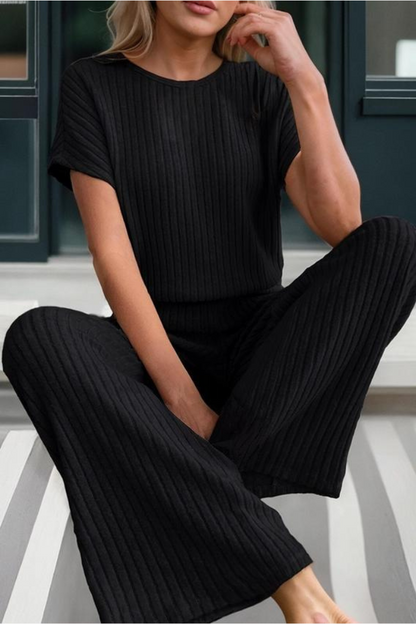 Solid Color Ribbed Short Sleeve Wide Leg Jumpsuit