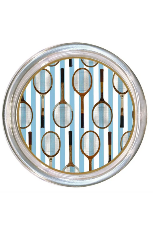 Antique Tennis Racket Pattern Blue Stripes Coaster