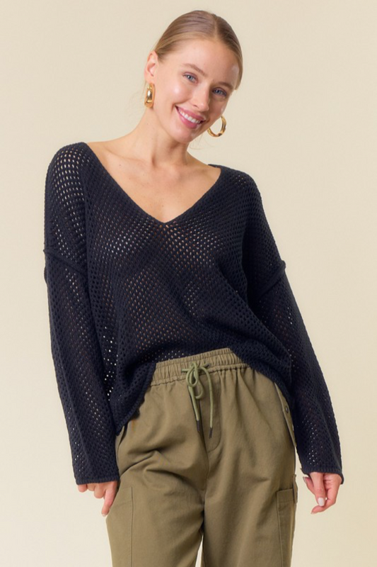 Vee Neck Fishnet Sweater