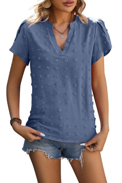 V-Neck Chiffon Furball Top with Petal Sleeves Shirt