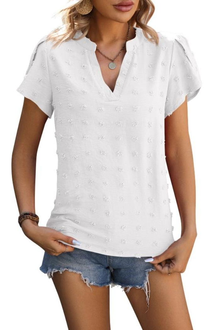 V-Neck Chiffon Furball Top with Petal Sleeves Shirt