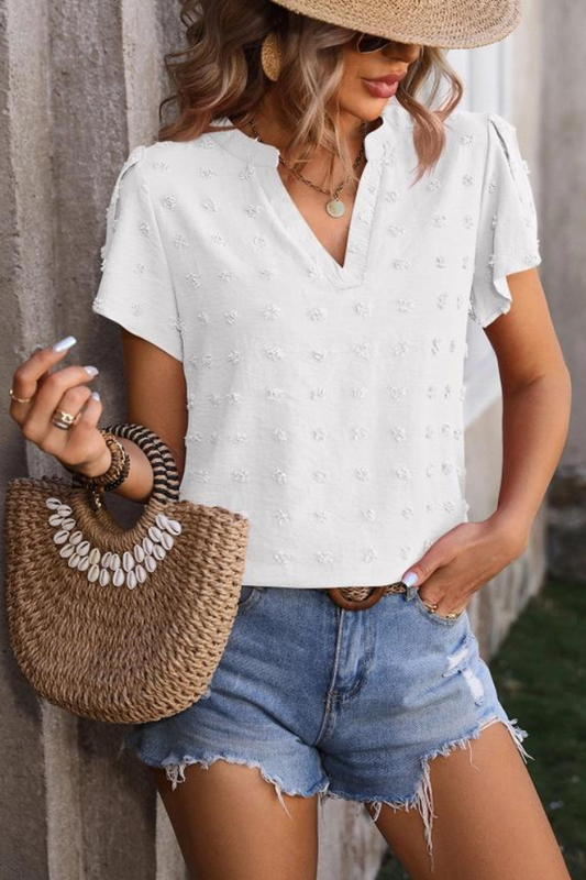 V-Neck Chiffon Furball Top with Petal Sleeves Shirt