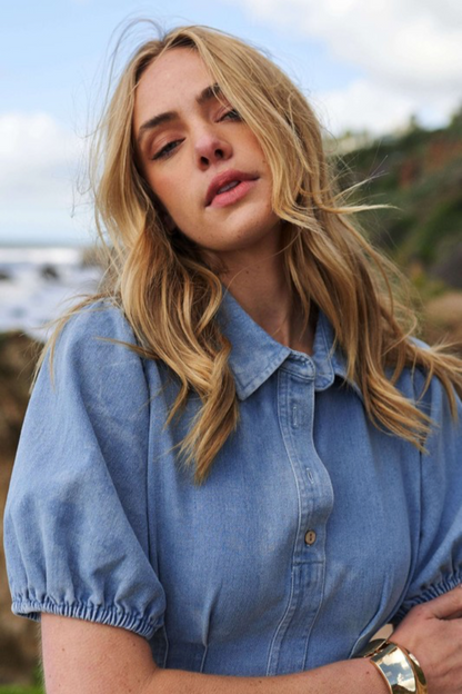 Button Down Dress With Bubble Sleeve