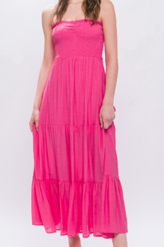 Smock Top Long Tiered Maxi Dress in Fuchsia