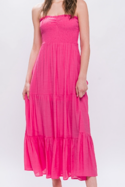 Smock Top Long Tiered Maxi Dress in Fuchsia