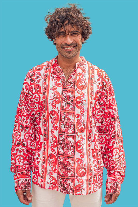 Antica Sartoria Red Vietri Print Long Sleeve Cotton Shirt