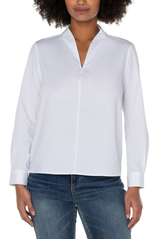 V Neck Long Sleeve Woven Top - White