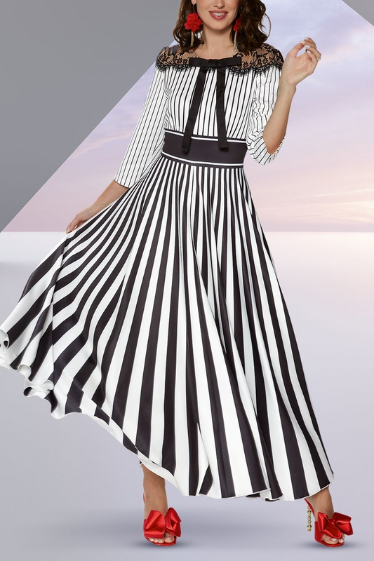 Stripped Dress with Lace Shoulder