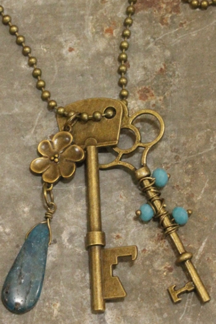 Bohemian Bronze Key Turquoise Necklace
